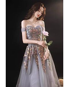 Cool Grey Glitter Formal Dress — Fitted Bodice, Sheer Tulle Skirt