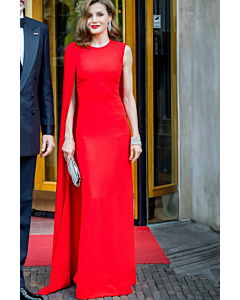 Queen Letizia Inspired Red Cape Dress Celebrity Long Formal Evening Prom Gown