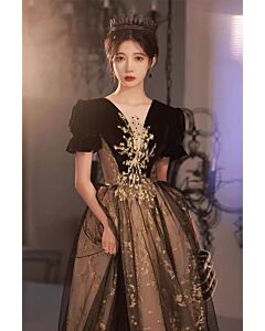 Black & Gold Velvet Puff-Sleeve V-Neck Embroidered Tulle Evening Gown