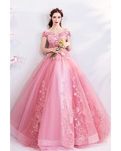 Rose Pink Princess Dress | Off-the-Shoulder Embroidered Tulle | Prom/Formal
