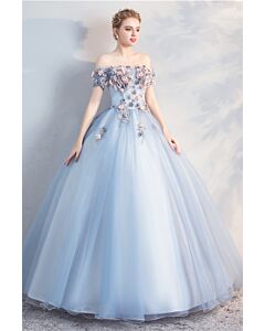 Powder Blue Princess Dress | Off-the-Shoulder Embroidered Tulle 