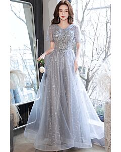 Dusty Blue V-Neck Embroidered Tulle Evening Gown
