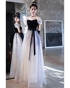 Monochrome Ombre A-Line Gala Dress | Off-Shoulder Puff Sleeves