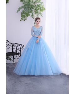 Frozen Whisper – Long Sleeve Sky Blue Ball Gown