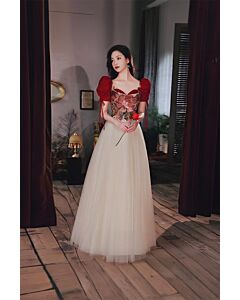 Vintage Rose Brocade Corset Ball Gown | Puff Sleeves | Sweetheart Neckline