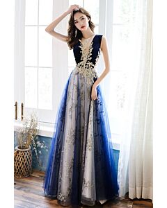 Deep Blue Sleeveless Ball Gown | Gold Appliqué | Gradient Tulle Skirt