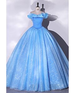 Powder Blue Sparkle Tulle Ball Gown — Ruffled Neckline, Full Skirt