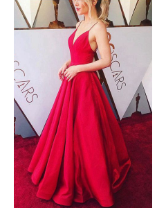 Red Spaghetti Straps V-neck Satin Long Formal Prom Celebrity Dress