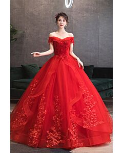 Scarlet Off-Shoulder Floral Appliqué Tulle Ball Gown