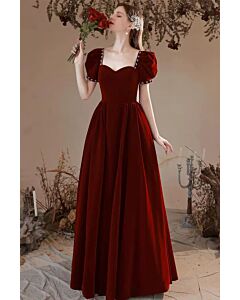 Burgundy Velvet Puff-Sleeve Sweetheart Evening Gown