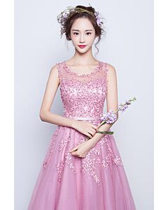 Blush Pink Illusion-Neck Beaded Lace Tulle Evening Gown