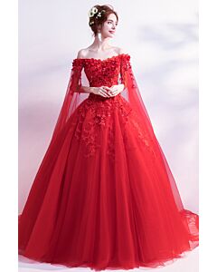 Scarlet Princess Dress | Off-the-Shoulder | Sheer Cape Overlay | Floor-Length