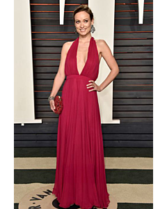 Olivia Wilde Fuchsia Pink Halter V Neck Chiffon Gown Vanity Fair Oscar Party 2016