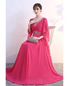 Fuchsia V-Neck Beaded Chiffon Evening Gown with Flutter Sleeves