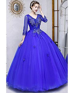 Royal Blue V-Neck Beaded Tulle Ball Gown with Sheer 3/4 Sleeves