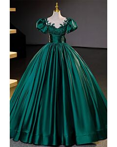 Emerald Satin Puff-Sleeve Ball Gown with Lace Illusion Neck