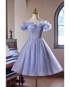 Lavender Off-Shoulder Ruffled Tulle Tea-Length Dress