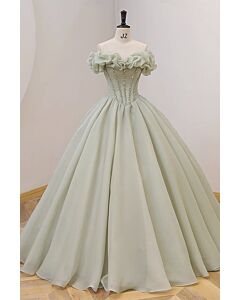 Sage Green Off-Shoulder Ruffled-Collar Corset Ball Gown