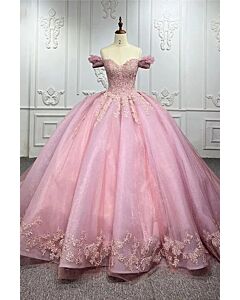 Blush Pink Off-Shoulder Lace Appliqué Tulle Ball Gown