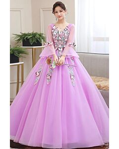 Lavender Butterfly Appliqué Tulle Ball Gown — Sheer Bell Sleeves