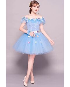 Sky Blue Off-Shoulder Floral Appliqué Tulle Cocktail Dress