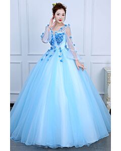 Light Blue V-Neck 3D Floral Tulle Ball Gown with Sheer Bell Sleeves