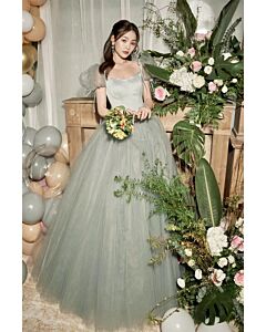 Puff-Sleeve Square-Neck Tulle Ball Gown