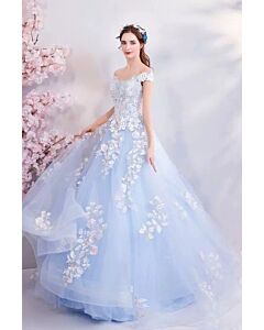 Powder Blue Off-Shoulder Floral Appliqué Tulle Ball Gown