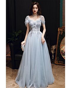 Moonlit Petals” Light Blue Embroidered Tulle Ball Gown