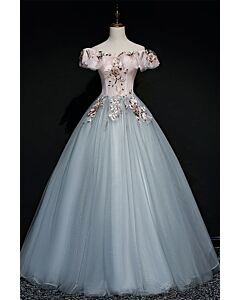 Slate Blue Off-Shoulder Floral Appliqué Tulle Ball Gown