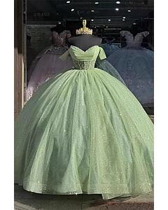 Mint Green Off-Shoulder Corset Glitter Tulle Ball Gown