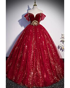 Ruby Red Off-Shoulder Starry Glitter Tulle Ball Gown with Gold Waist Appliqué