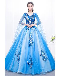 Royal  V-Neck Floral Appliqué Tulle Ball Gown with Sheer Cape Sleeves