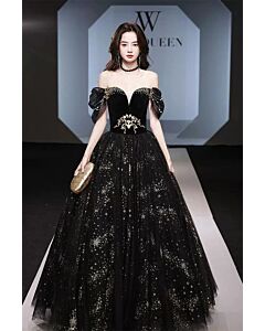 Black Off-Shoulder Velvet Bodice Starry Tulle Ball Gown