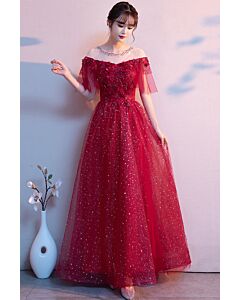 Wine Red Off-Shoulder Glitter Tulle Evening Gown with Sheer Sleeves