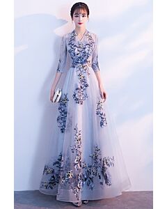Slate Blue Embroidered Tulle Gown with Mandarin Collar