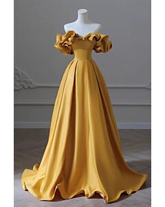 Mustard Satin Off-Shoulder Ruffle Ball Gown