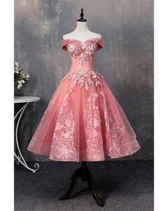 Off-Shoulder Tea-Length Ball Gown with 3D Floral Appliqué