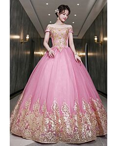 Off-Shoulder Tulle Ball Gown with Gold Embroidered Appliqué Hem