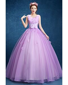 Lace Appliqué Tulle Ball Gown with Bow Belt – Sleeveless Scoop-Neck Prom