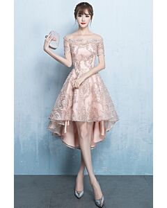 Off-Shoulder High-Low Lace Appliqué Cocktail Dress