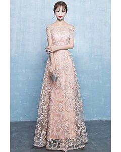 Off-Shoulder Embroidered Lace Evening Gown, Floor-Length A-Line with 