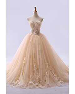 Strapless Corset Ball Gown with Lace Appliqué and Tulle Skirt