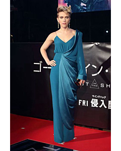Scarlett Johansson Teal Blue Draped One Shoulder Jumpsuit Ghost in the Shell Tokyo Premiere