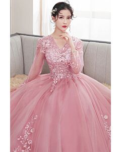Dusty Rose Long Sleeve Lace Appliqué Ball Gown – Elegant Evening or Prom Dress