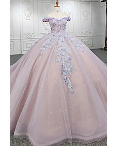Blush Pink Off-Shoulder Sparkling Ball Gown with Blue Floral Appliqué – Fairytale Princess Evening Dress
