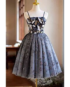 Elegant Black and Gray Floral Embroidered Corset Midi Dress