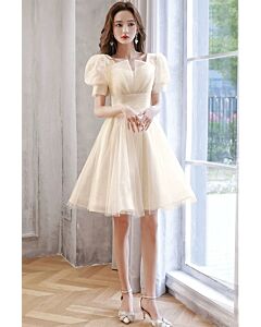 Champagne Puff Sleeve Short Tulle Dress
