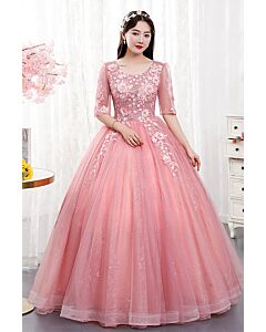 Elegant Pink Floral Embroidered Ball Gown