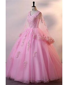 rincess Pink Tulle Ball Gown with Floral Lace Appliqué